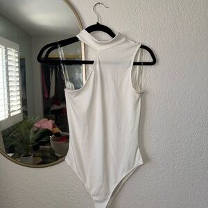 H&M White Ribbed Bodysuit with Neck Detailing